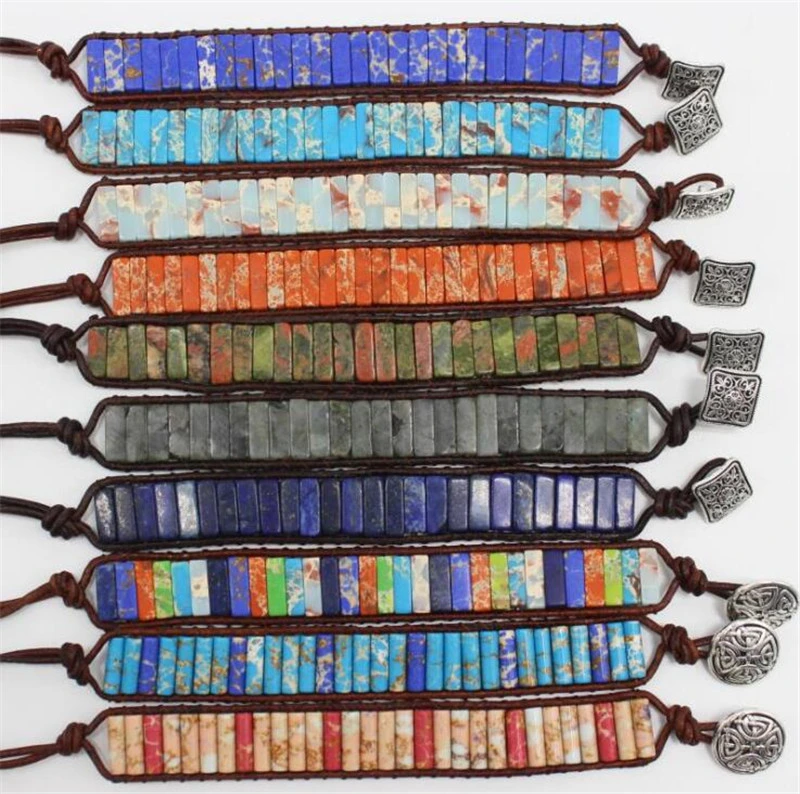 Unique Multi Color Natural Stone Tube Beads Leather Handmade Chakra Bracelets