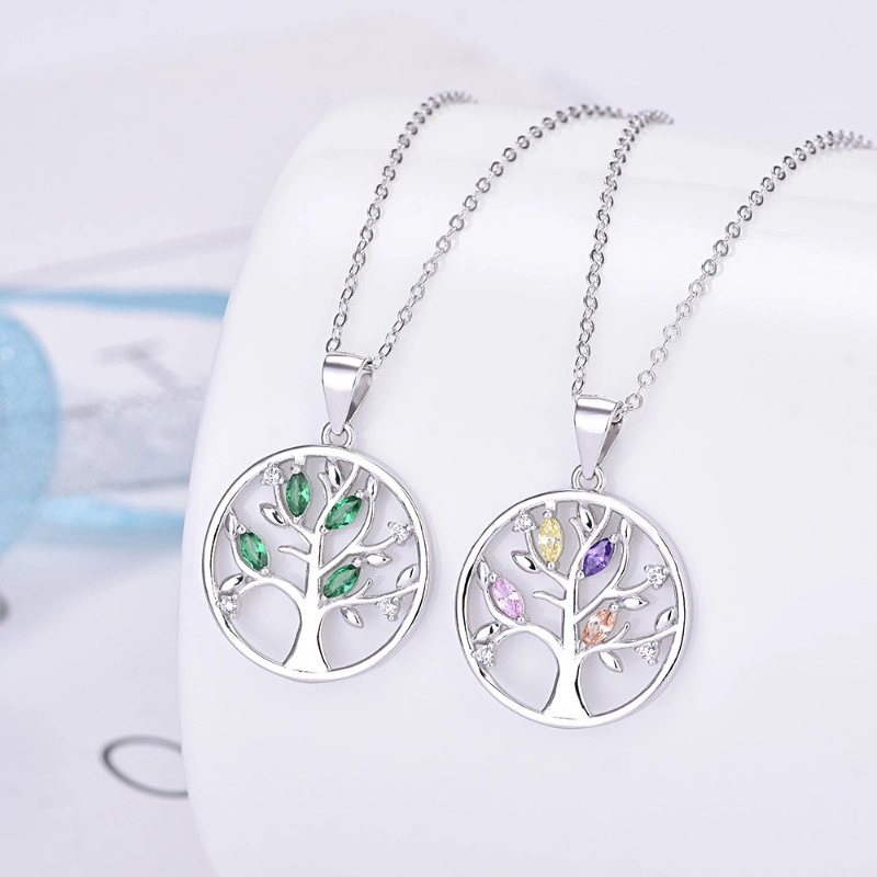 Luxury Colorful Chakra Tree of Life 925 Sterling Silver CZ Pendant Necklace