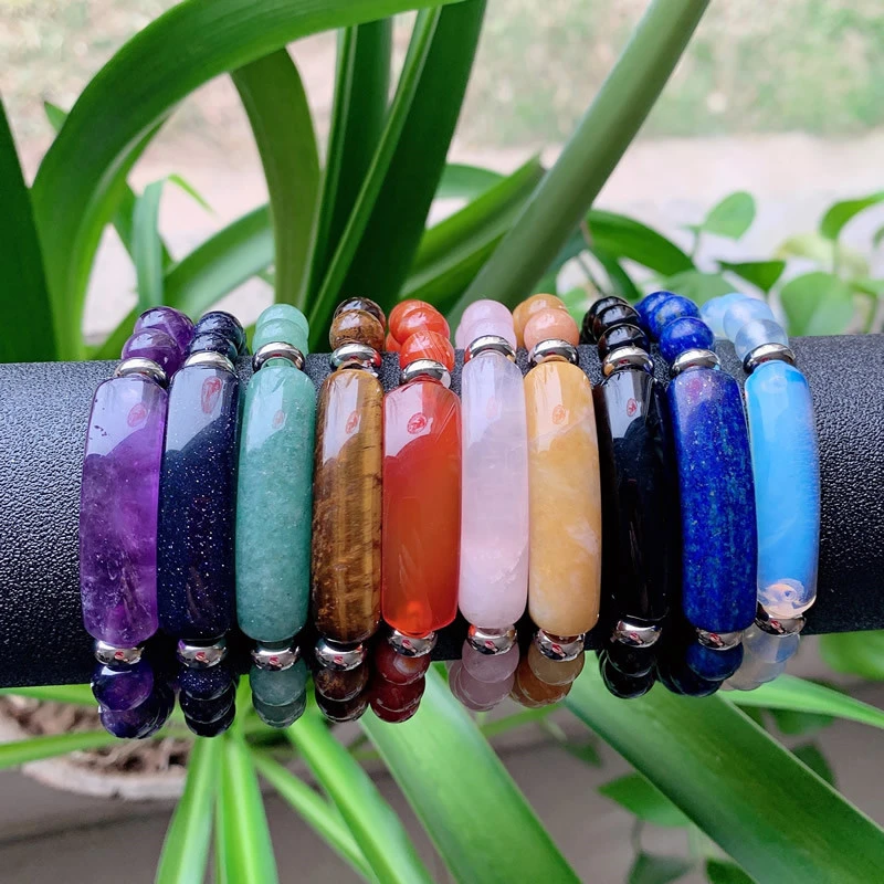 Natural Stone Bracelet Agates Lapis Fluorite Amethysts Rectangle Bar Charm Pink Quartz Purple Crystal Bracelet Healing Chakra